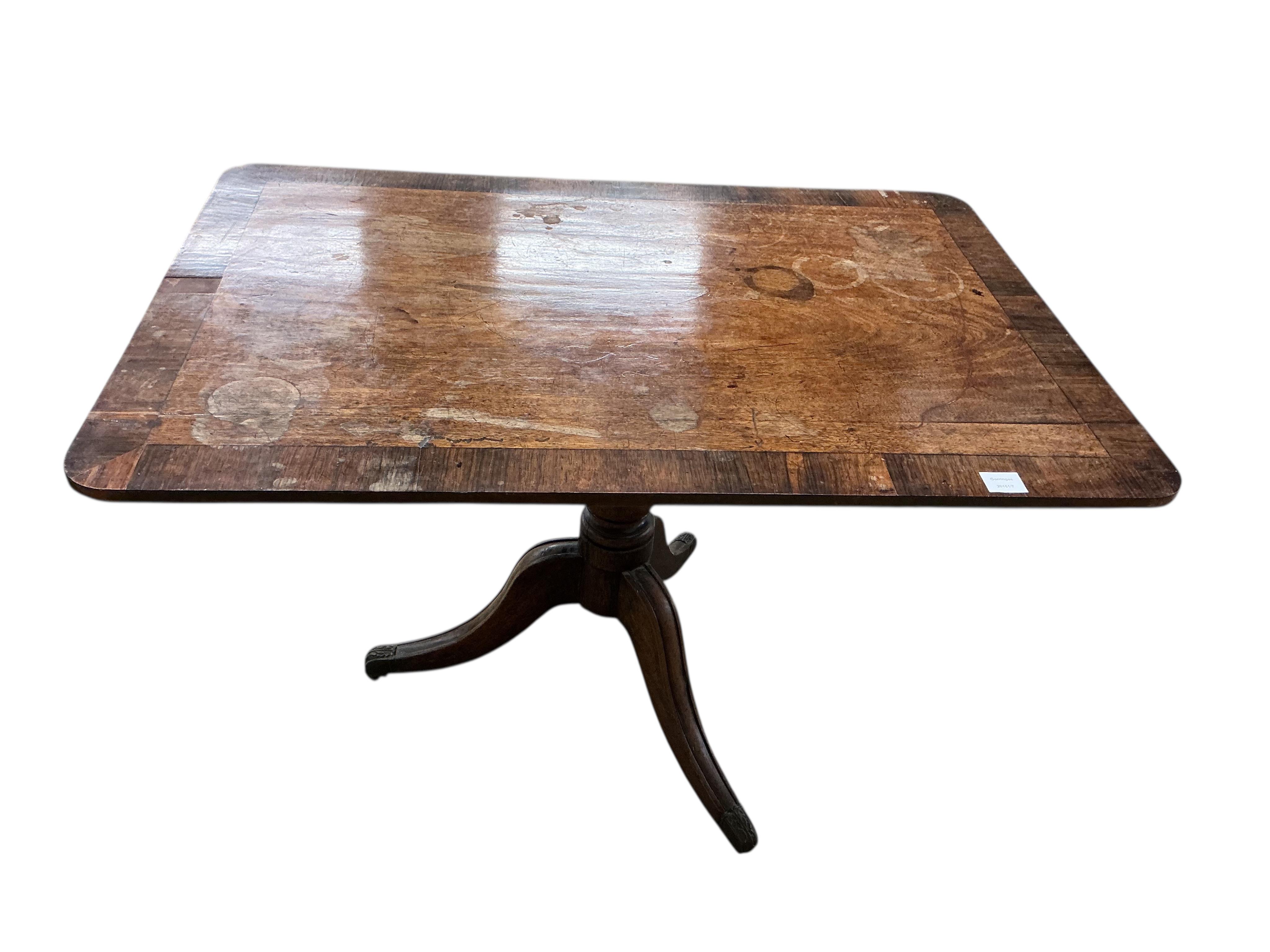 A Regency rectangular rosewood banded mahogany tilt top breakfast table, width 75cm, depth 111cm, height 71cm